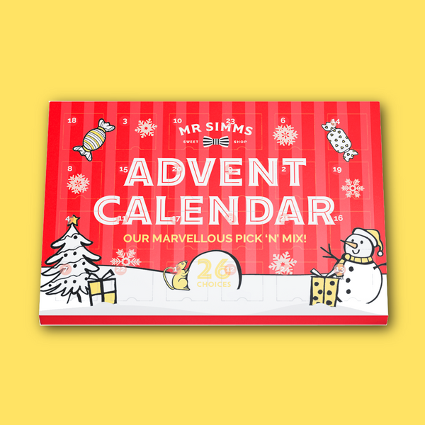 Red advent calendar with Christmas-themed illustrations on a yellow background