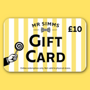 Gift card with yellow and white striped design, featuring 'Mr Simms Sweet Shop' and a lollipop illustration.