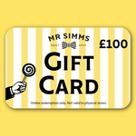 Gift card with yellow and white striped design, featuring 'Mr Simms Sweet Shop' and a lollipop illustration.