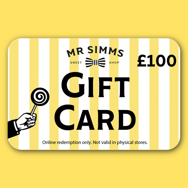 Gift card with yellow and white striped design, featuring 'Mr Simms Sweet Shop' and a lollipop illustration.