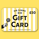 Gift card with yellow and white striped design, featuring 'Mr Simms Sweet Shop' and a lollipop illustration.