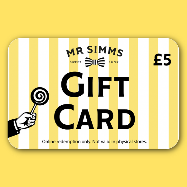 Gift card with yellow and white striped design, featuring 'Mr Simms Sweet Shop' and a lollipop illustration.