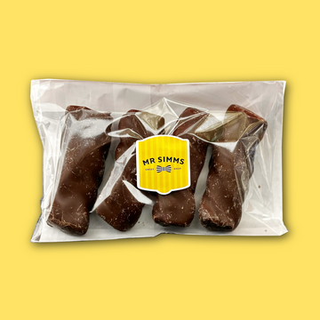 Packaged Milk Chocolate covered marshmallows 60g with a 'Mr Simms' label on a yellow background