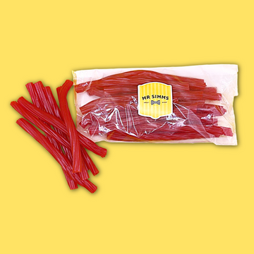 Strawberry lances in a clear bag with 'Mr Simms' branding on a yellow background