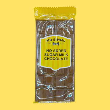 Packaged chocolate bar with 'Mr Simms' label on a yellow background