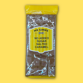 Packaged chocolate bar with 'Mr Simms' label on a yellow background