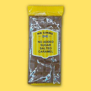 Packaged chocolate bar with 'Mr Simms' label on a yellow background