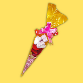 Valentines scone with pink and white elements on a yellow background