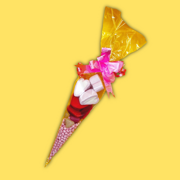 Valentines scone with pink and white elements on a yellow background