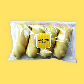 Packaged White Chocolate covered marshmallows with a 'Mr Simms' label on a yellow background