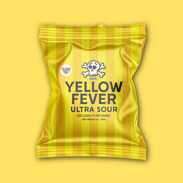Yellow Fever ultra sour snack package on a yellow background