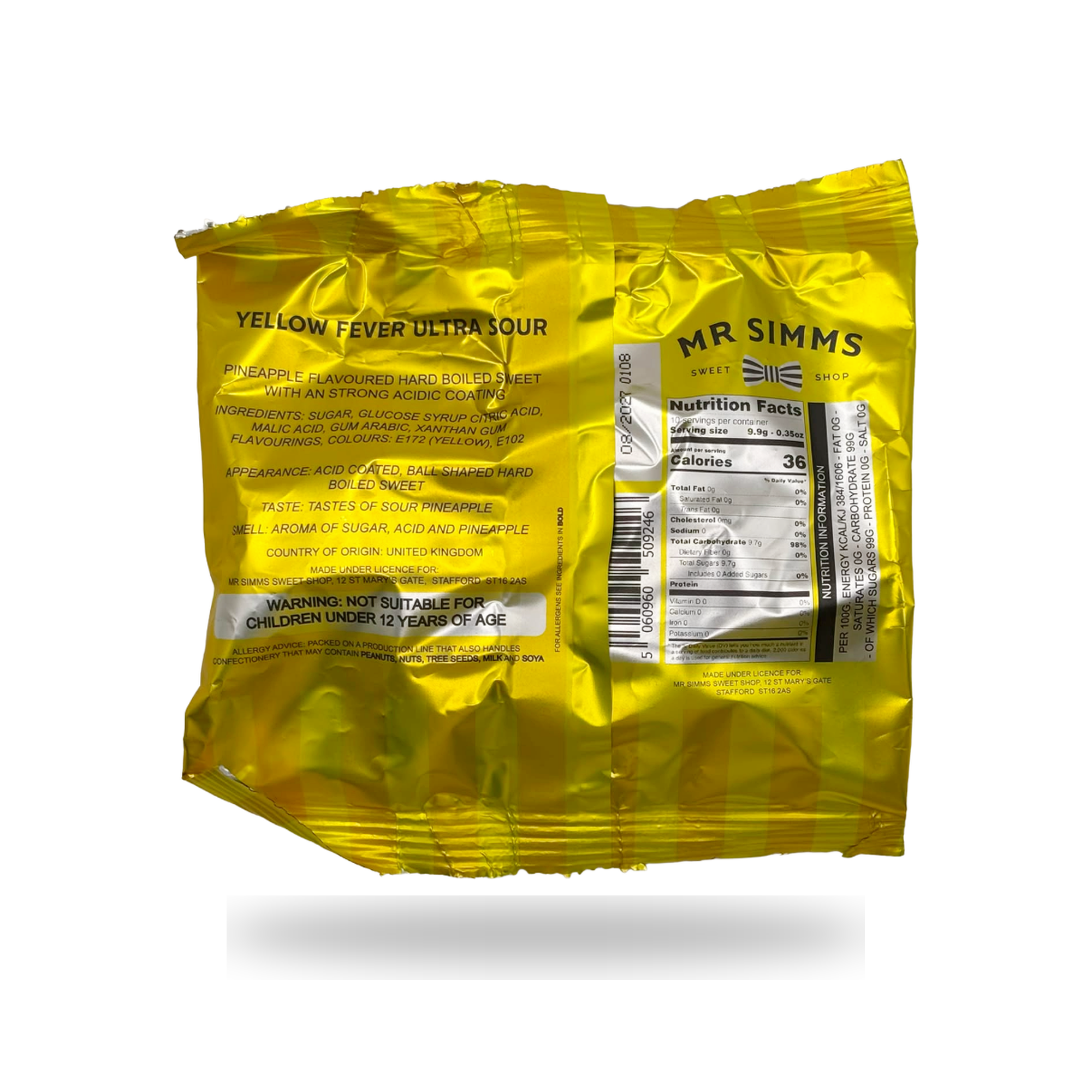 Back of pack - Yellow Fever Ultra Sour 100g - HBFS019 - 5060960509246