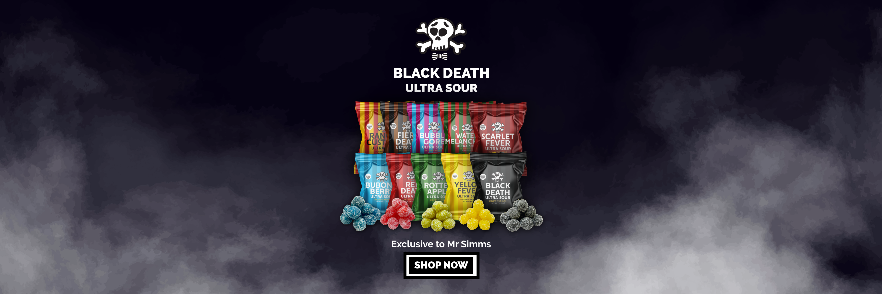 Assorted colorful sour gummy bears with 'Black Death Ultra Sour' branding on a dark background with smoke effects.